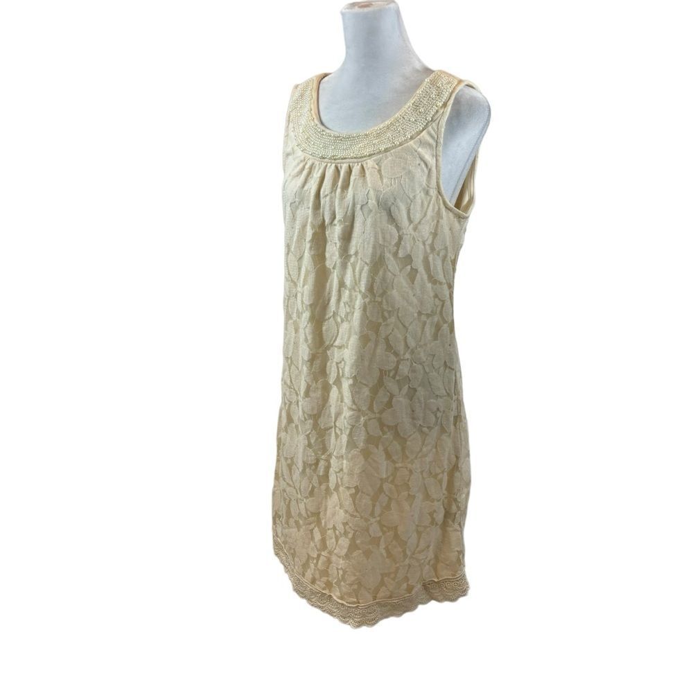 Beige by Eci Brand Ivory Lace Sleeveless Dress with Faux‎ Pearl Collar Size 8